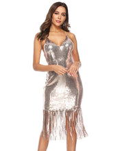 STRAP BACKLESS FRINGED SEQUINED DRESS