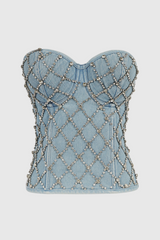 Livia Diamonds Embellished Strapless Denim Top