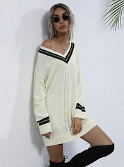 STYLISH TWIST V-NECK COLLEGE WIND KNITTED SWEATER DRESS
