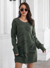DINOSAUR JACQUARD V-NECK LONG SLEEVE SWEATER DRESS