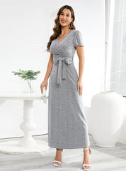 V-NECK SLIM LACE-UP DRESS LONG DRESS