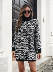 TURTLENECK JACQUARD LONG SLEEVE SWEATER DRESS