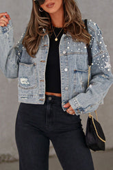 North Star Embellished Beaded Pocketed Denim Jacket