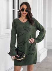 DINOSAUR JACQUARD V-NECK LONG SLEEVE SWEATER DRESS