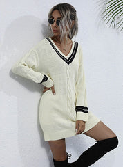 STYLISH TWIST V-NECK COLLEGE WIND KNITTED SWEATER DRESS