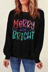 Black Merry and Bright Heat Transfer Printing Graphic Christmas Pullover Sweatshirt