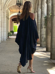 Stylish Loose High-Low Batwing Modern Sleeves Black Midi Dress