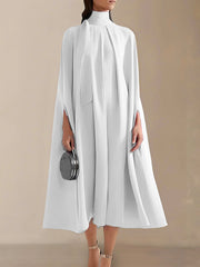 Simple Batwing Sleeves Lace-Up Modern Solid Color High-Neck Midi Dresses