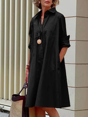 Simple Long Sleeves Solid Modern Color Lapel Midi Dress