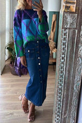 Dunev High Rise Pocket Button Belt Slit Denim Skirt