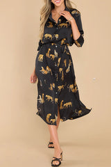 Going Wild Satin Leopard Print Button Down Long Sleeve Midi Dress