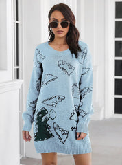DINOSAUR JACQUARD V-NECK LONG SLEEVE SWEATER DRESS