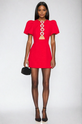 Red Hollow-Out Puff Sleeve Dress