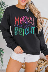 Black Merry and Bright Heat Transfer Printing Graphic Christmas Pullover Sweatshirt