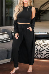 Lounge Casual Long Sleeved Cardigan Slim Vest Lace Up Pants Three Piece Set