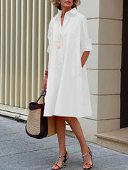 Simple Long Sleeves Solid Modern Color Lapel Midi Dress