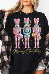 Black Nutcracker Merry Christmas Print Crewneck T Shirt