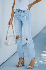 Monique High Rise Distressed Straight Leg Denim