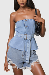 Aelius Buckle Strapless Denim Top In Slight Blue