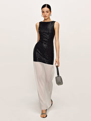 Backless Color Block Sequins Panel Dress