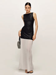 Backless Color Block Sequins Panel Dress