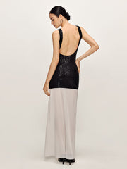 Backless Color Block Sequins Panel Dress