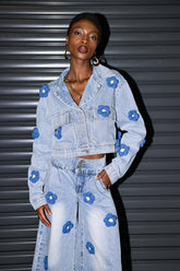 Cachet Flower Pocket Lapel Denim Jacket