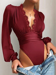 Lace-Combo V-Neck Bodysuit --Clearance