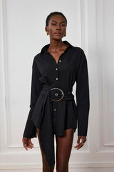Kimora Buckle Ruch Shirt Mini Dress In Black