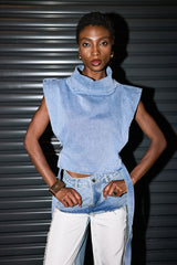 Lasya High Neck Cutout Buckle Denim Top