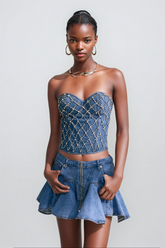 Livia Diamonds Embellished Strapless Denim Top