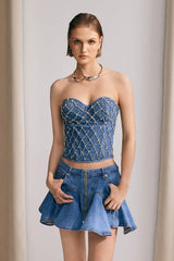 Livia Diamonds Embellished Strapless Denim Top