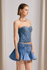 Livia Diamonds Embellished Strapless Denim Top