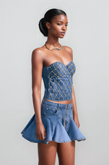 Livia Diamonds Embellished Strapless Denim Top