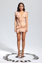 Maura V Neck Ruffle Asymmetric Mini Dress In Champagne