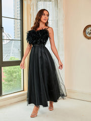 Black Feather Halter Mesh Evening Dress