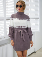 Knitted semi-turtleneck lantern sleeve color matching sweater skirt