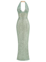 Green Sequin Halter Maxi Dress