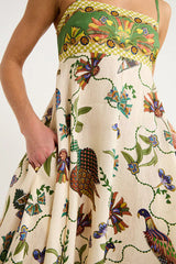 From Sun Drenched Linen Blend Unique Print Smocked Back Pocketed Midi Dress
