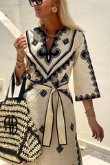 Quiet Atmosphere Linen Blend Ethnic Print Belted Midi Dress