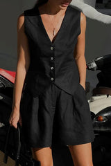 V Neck Sleeveless Single Breasted Top Side Pocket Shorts Set