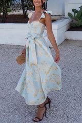 Baroque Floral Sweetest Ruffle Back Smocked Corset Midi Dress