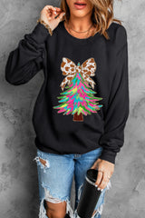 Black Shiny Bowknot Christmas Tree Graphic Round Neck Sweatshirt