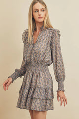 Navy Floral Long Sleeves Mini Dress