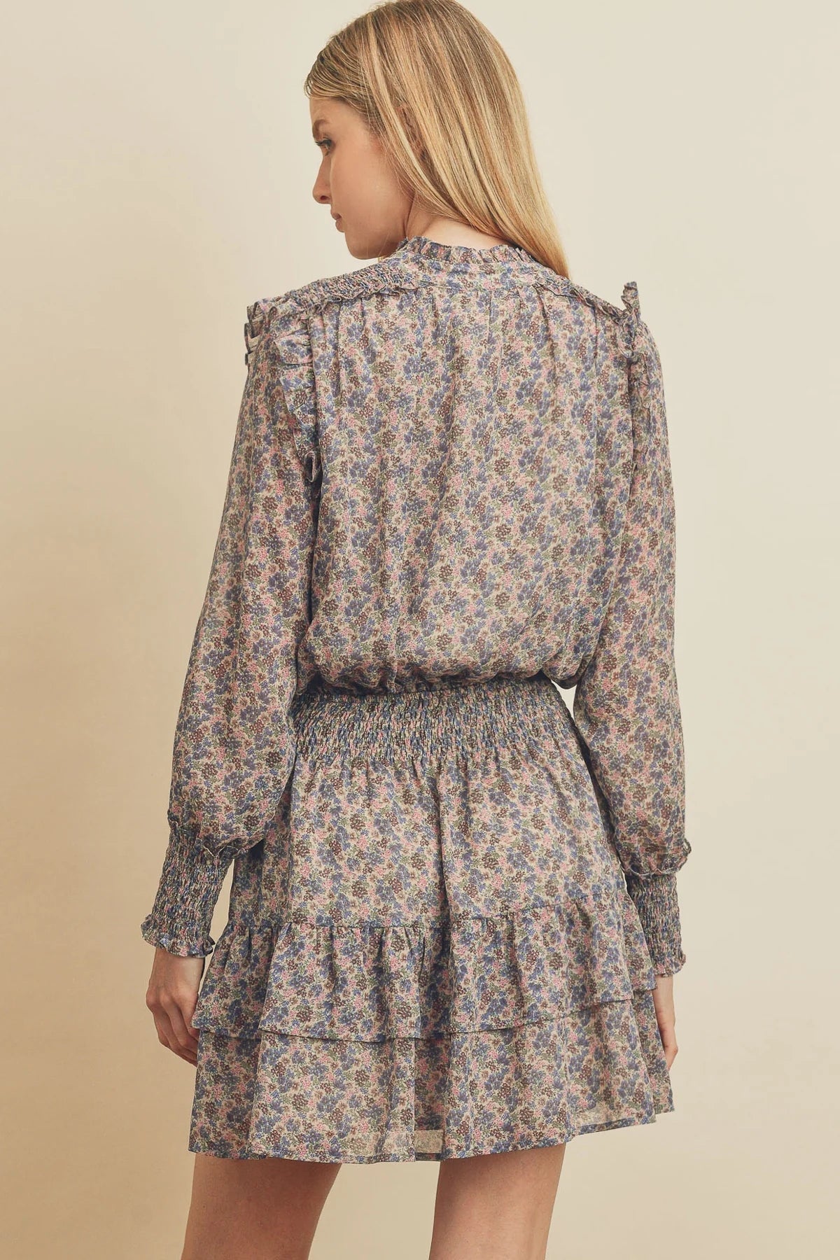 Navy Floral Long Sleeves Mini Dress