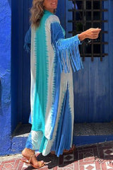 Song of The Vagabond Tie-dye Print Open Front Tassel Duster Cover-up