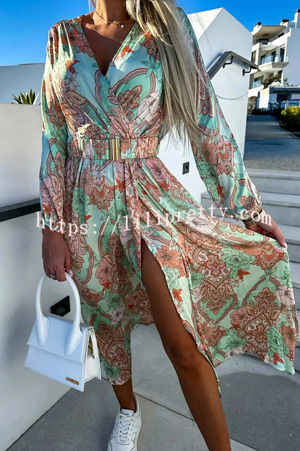 Paisley Print V Neck Long Sleeve Slit Slim Fit Dress