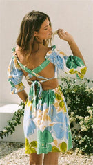 Green Floral Back-Tie Mini Dress