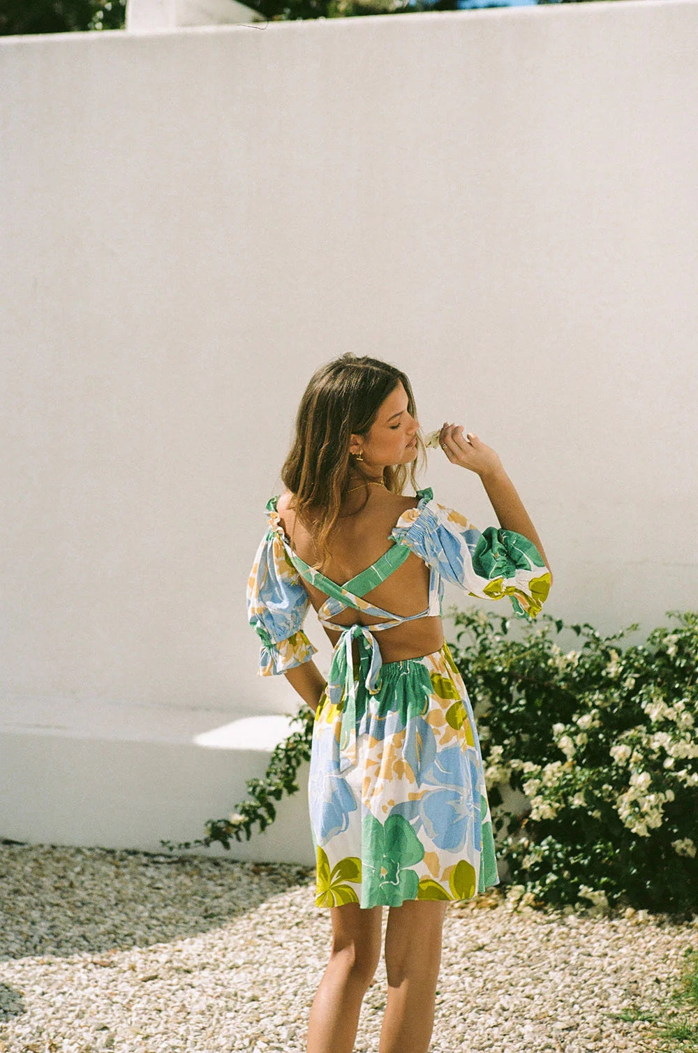 Green Floral Back-Tie Mini Dress