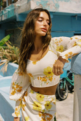 Yellow Floral Long Sleeves Crop Top